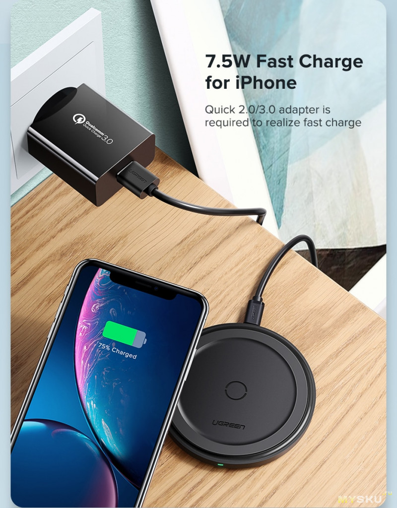 Беспроводная зарядка Ugreen ED032 10W Qi Wireless Charger